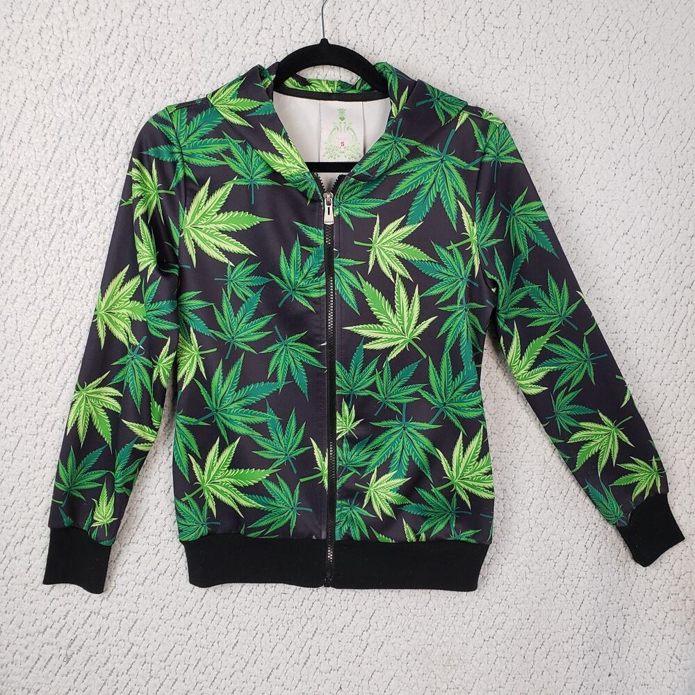 Peacocks Green Weed Leaf Hoodie S Black Green Zip Up Streetwear Y2K Skater 35x23